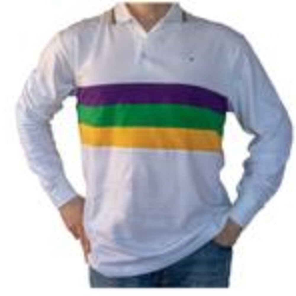 Adult Large Mardi Gras White Purple Green Yellow Long Sleeve Shirt